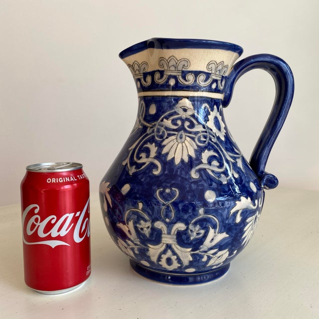 Vintage 1990s Blue &White Ceramic Italian Hand Painted Pitcher For Sale In Richmond - Image 6 of 8