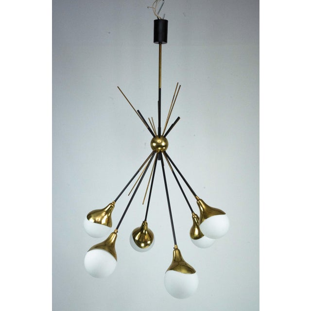 Mid-Century Italian Brass and Opaline Glass Chandelier from Stilnovo, 1950s For Sale - Image 16 of 16