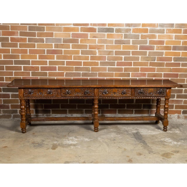 18th Century Spanish Colonial 18th Century Walnut Table with Four Richly Carved Drawers For Sale - Image 5 of 12