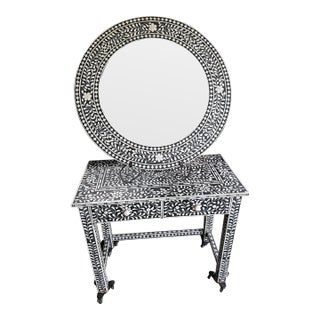 Aditya Handicrafts Indian Black & White Bone Inlay Dressing Table & 32.75” Round Mirror, 2021 For Sale