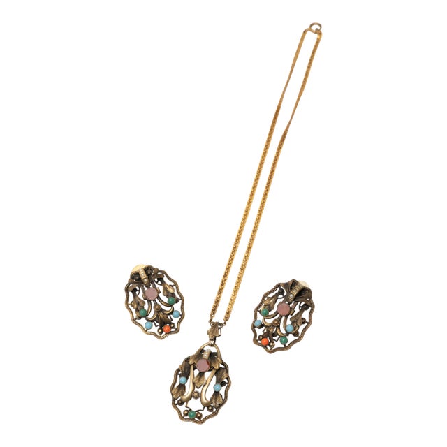 Vintage Art Nouveau Pendant Necklace and Earring Set With Semi Precious Stones For Sale