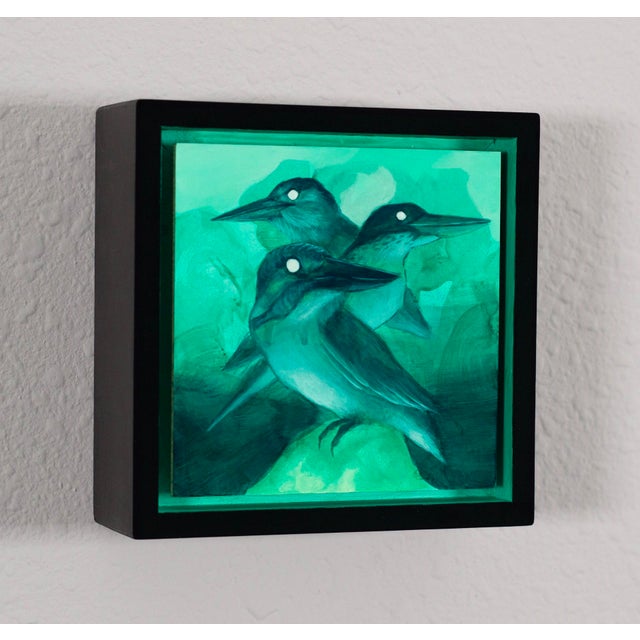 Contemporary Three Kings by Cody Jimenez | Acrylic on panel Three birds with dark heads on a green background. For Sale - Image 3 of 4