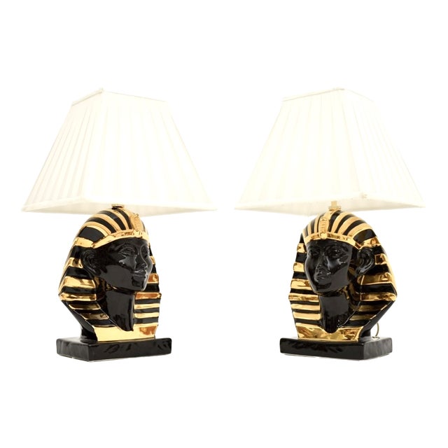 Vintage Italian Ceramic Pharaoh Table Lamps, 1980s, Set of 2 For Sale