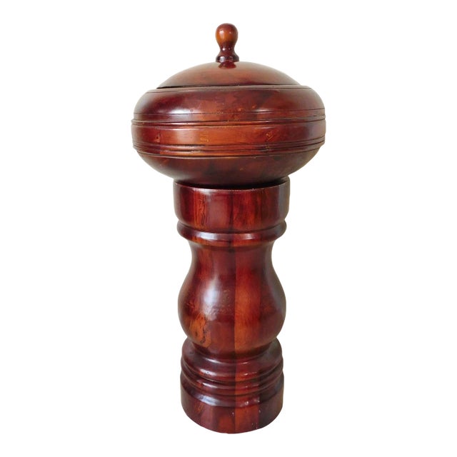 Large Vintage Chunky Hand Carved Solid Mahogany Wood Dovetailed Covered Bowl & Pedestal For Sale