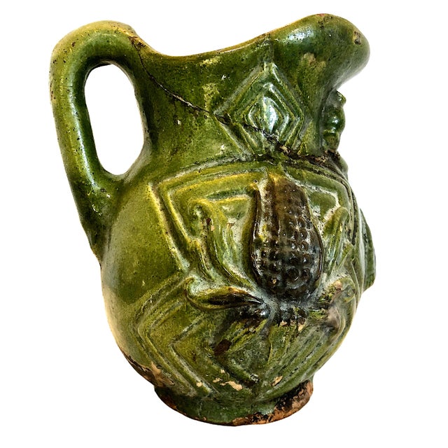Asparagus Vintage Oaxacan Glazed Pottery Pitcher With Maize and a Woman For Sale - Image 8 of 18