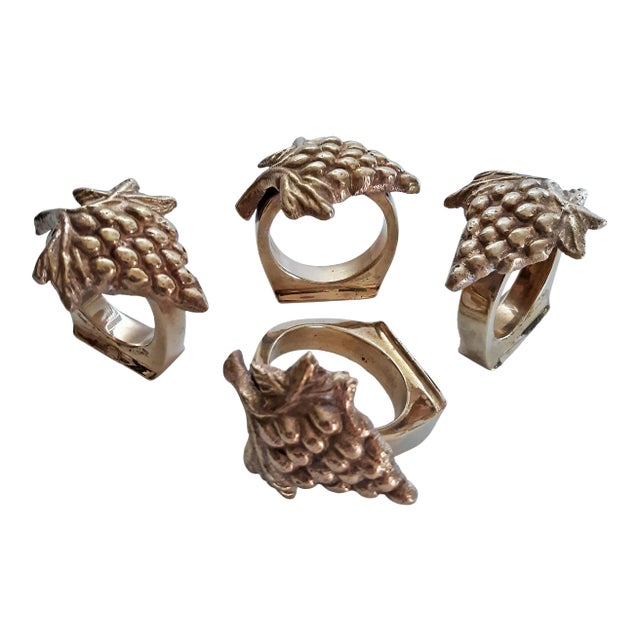 Vintage Solid Brass Grape Vineyard Motif Napkin Rings - Set of 4 For Sale
