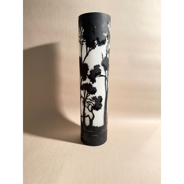 Glass Large Cameo Glass Cylinder Vase Black and White For Sale - Image 7 of 11