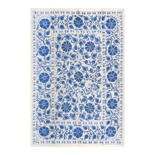 6.3x8.2 Ft Silk Hand Embroidered Uzbek Suzani Wall Hanging in Cream & Light Blue For Sale