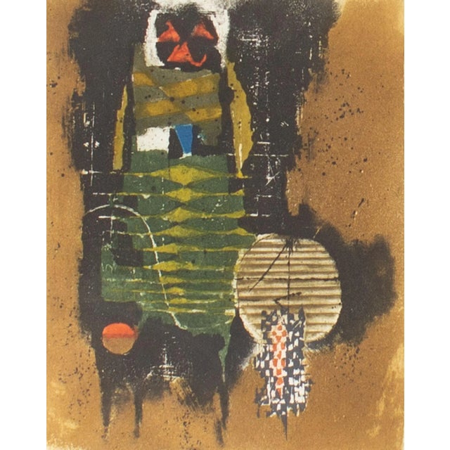 A color etching by the German artist Johnny Friedlaender (1912-1992). This abstract work features various organic designs...