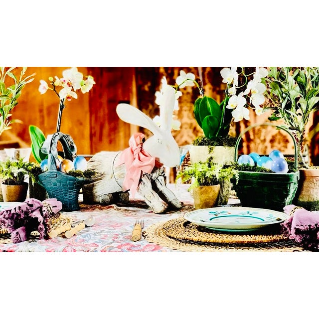 Vintage Early Twentieth Century Decorative Green Velveteen Flocked Woven Wood ‘Easter’ Basket For Sale - Image 12 of 12