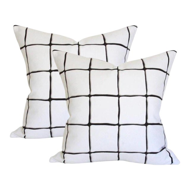 Painted Check Ink Black and White 22" Square Designer Pillows With Feather Down Inserts - Pair For Sale