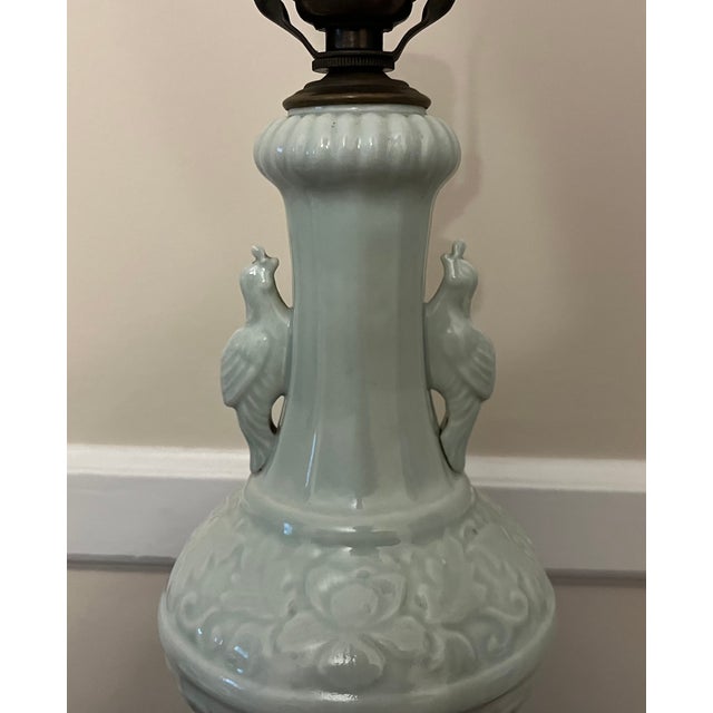 Antique Early 20th Century Chinese Celadon Porcelain Qinghai Bird Handle Vase Mounted as a Table Lamp For Sale - Image 11 of 12