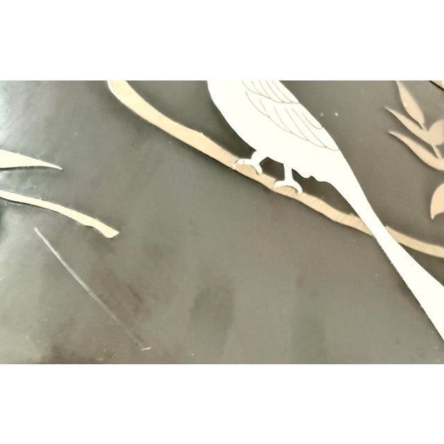 Vintage Chinoiserie Lacquer Panel Featuring a Decorative Metal Inlay of a Crested Bird Perched on a Pomegranate Branch For Sale - Image 11 of 12