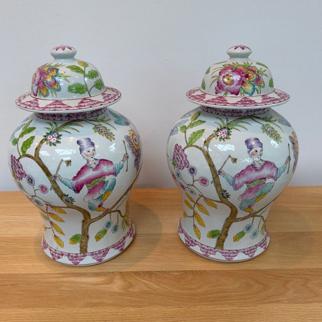 Pink Pair of Altfield Hong Kong Hand-Painted Chinoiserie Porcelain Ginger Jars, 18” For Sale - Image 8 of 12