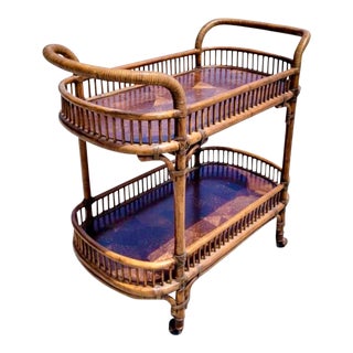 Vintage Coastal Coconut Shell and Rattan Bar Cart For Sale