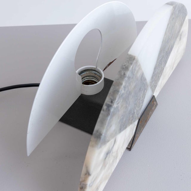 A pair of Half Moon Italian Modernist table lamps. Segmented front shades with three types of alabaster mounted on a...