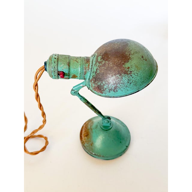 1920s Antique Industrial Turquoise Heavy Brass Shelf or Hang Task Lamp, Articulating For Sale - Image 5 of 15