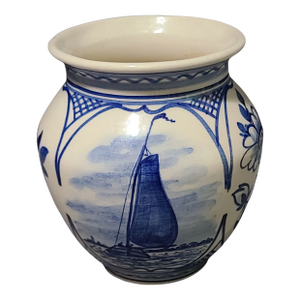 Vintage Hand Painted Blue & White Delft Ceramic Vase Signed "Debo Workuy