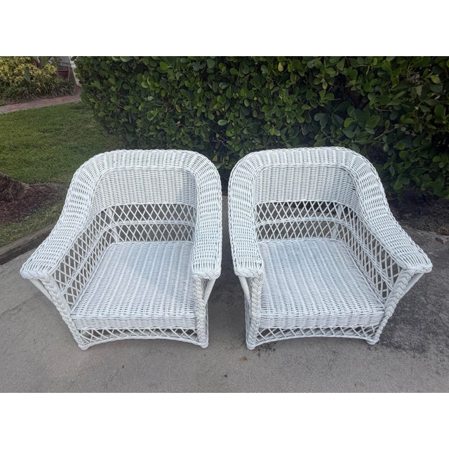 White Vintage Handwoven Rattan Lounge Chairs With Braided Trim, Pair For Sale - Image 8 of 12
