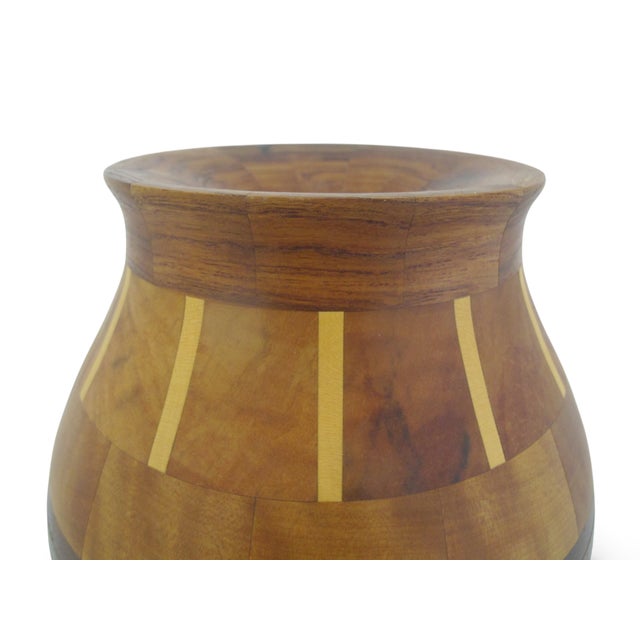 Brown Pacific Nw Hand Turned Segmented Southwest Geometric Inlaid Wood Vase For Sale - Image 8 of 11