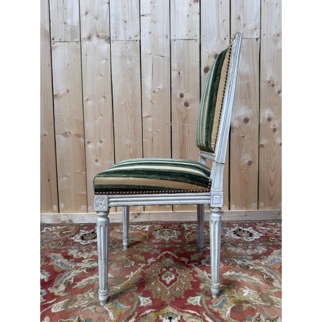 Wood Louis XVI Style Chairs in Painted Wood and Striped Velvet, 1970s, Set of 6 For Sale - Image 7 of 10