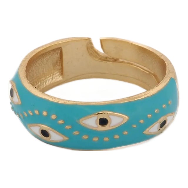 Blue Enamel Evil Eye Gold Adjustable Band Ring, Size 8 For Sale