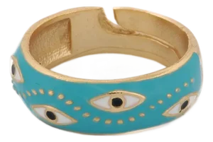 Blue Enamel Evil Eye Gold Adjustable Band Ring, Size 8