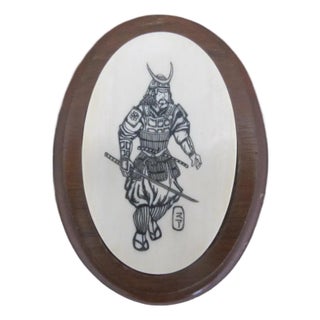 Small Japanese Oval Wood Box With Etched Bone Samurai Warrior For Sale