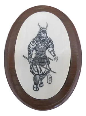 Small Japanese Oval Wood Box With Etched Bone Samurai Warrior
