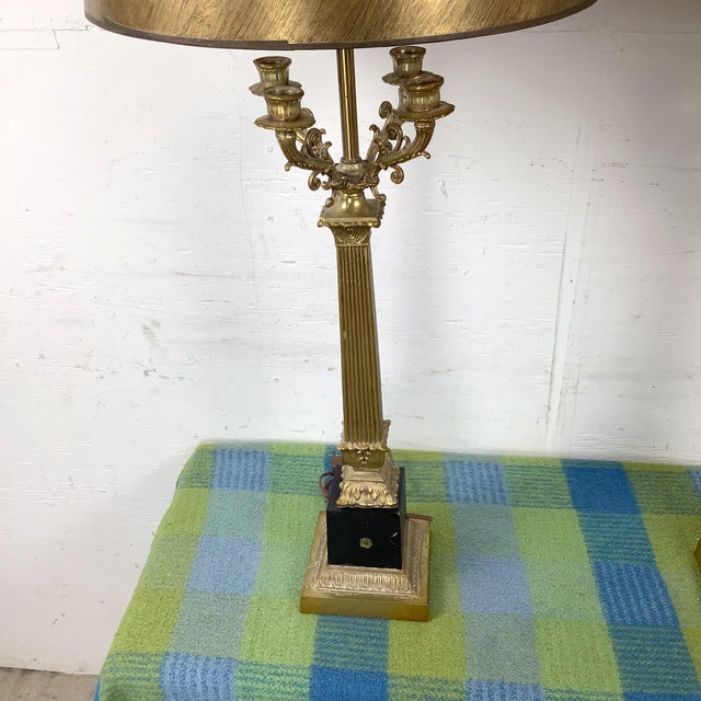 Black Mid 20th Century Pair of Neoclassical Brass Column Table Lamps in the Charles X Style With Candelabra Arms For Sale - Image 8 of 12