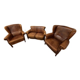 Vintage 3 Piece French Leather Set For Sale