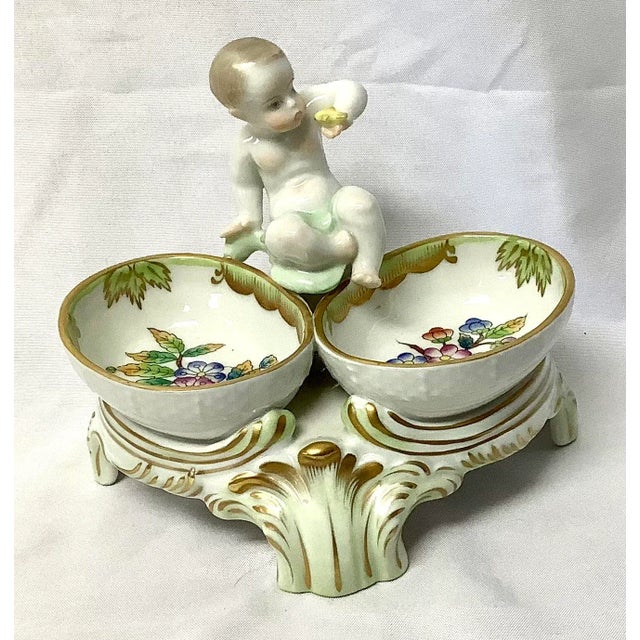 White Vintage Herend Queen Victoria Porcelain Twin Salt Cellar With Cherub For Sale - Image 8 of 8