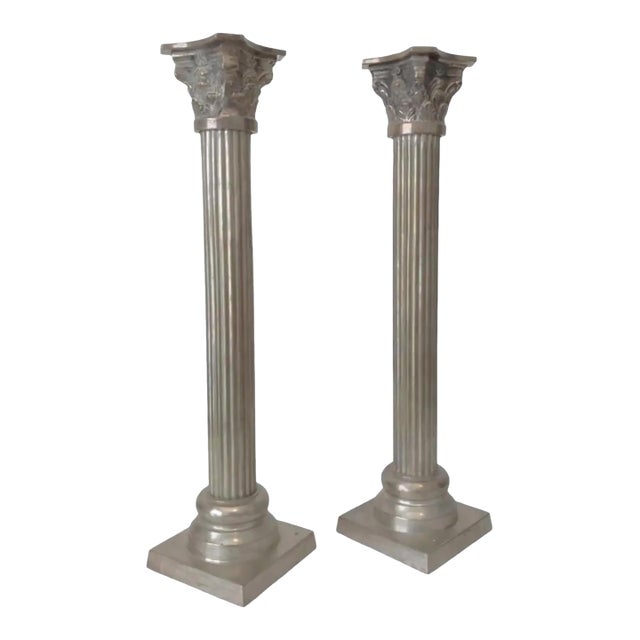 Vintage Pair of Tall Neoclassical Corinthian Column Candlesticks For Sale