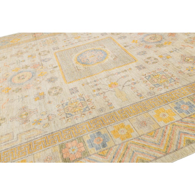 Modern Khotan Style Hand-Knotted Wool Rug - Pastel Geometric Medallion Design For Sale - Image 11 of 11