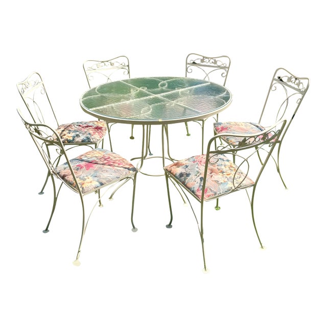 Vintage Wrought Iron 7 Pc Patio Dining Set For Sale