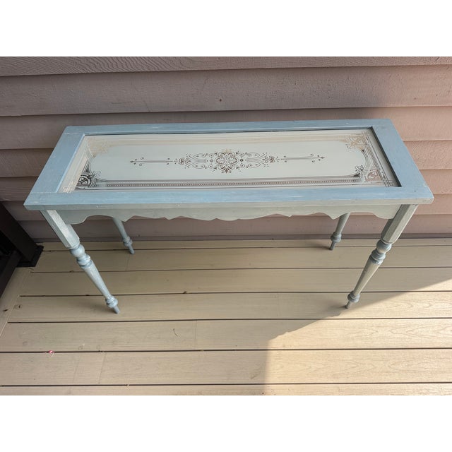 Vintage Etched Glass Carved Wood Console Table For Sale - Image 4 of 16