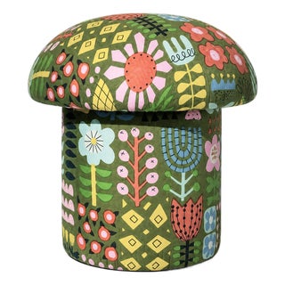 Mushroom Ottoman in Green Garden Hand Block Printed Fabric For Sale