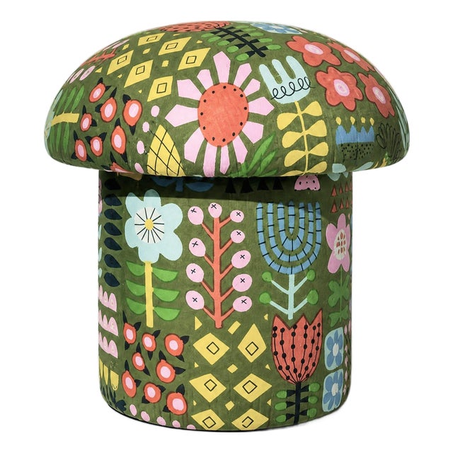 Mushroom Ottoman in Green Garden Hand Block Printed Fabric For Sale