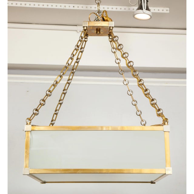 Bespoke Art Deco style nickel and brass-plated pendant fixture. One available in stock.