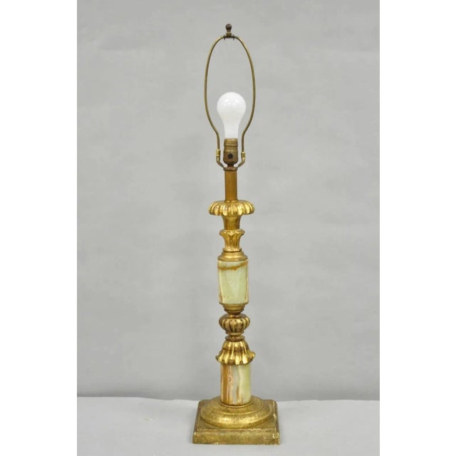 Vintage Italian Hollywood Regency Carved Gold Giltwood & Marble Table Lamp For Sale - Image 12 of 12