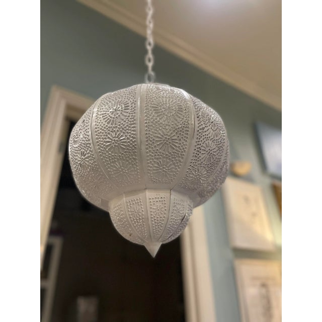 21st Century Moroccan White Painted Pierced Metal Hanging Pendant Shade For Sale - Image 4 of 9