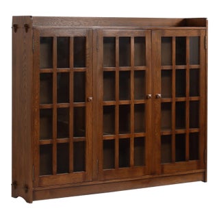 Mission Oak 3 Door Display Bookcase - Walnut For Sale