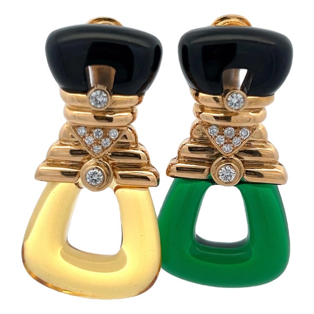 1980s Pair of Monumental 18k Gold Diamond Interchangeable Cut Crystal Drop Earrings, 52 Grams For Sale