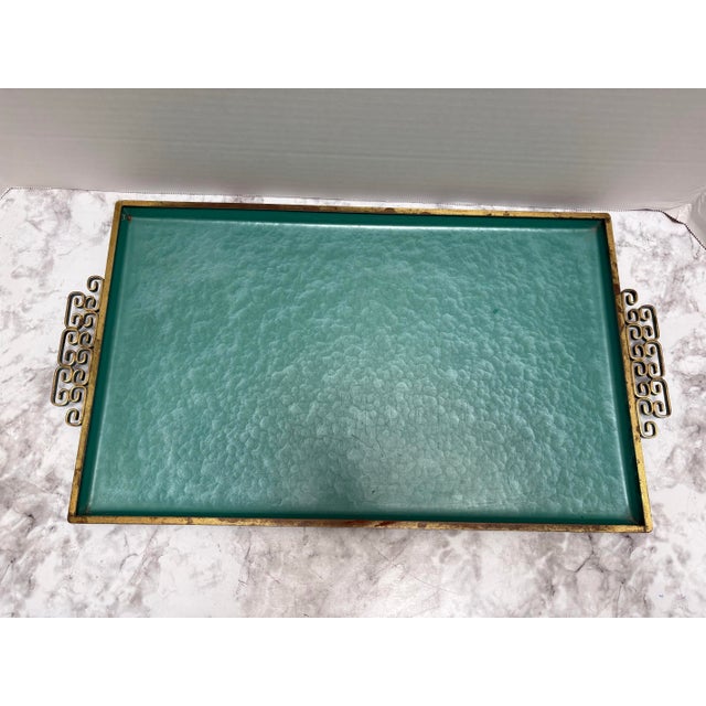 Midcentury Modern Turquoise Decor Tray With Gold Handles For Sale In Sacramento - Image 6 of 7