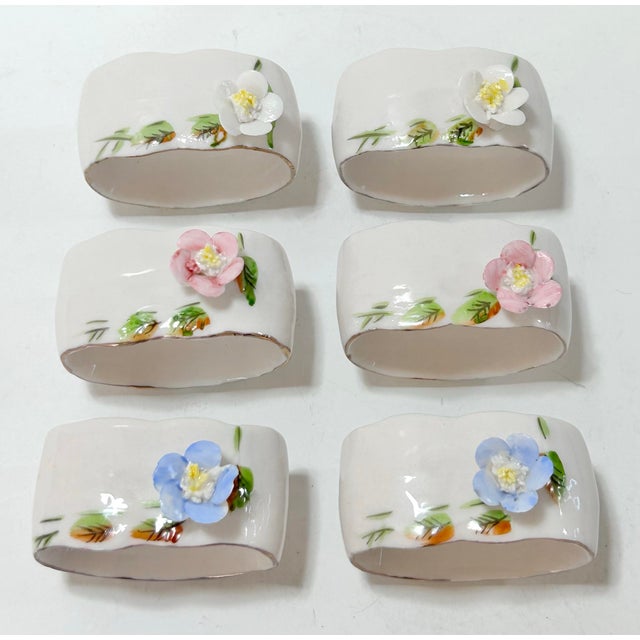 Vintage Shafford Hand-Painted Porcelain Napkin Rings With Applied Flowers – Set of 6 Cottage Tabletop Decor For Sale - Image 9 of 12