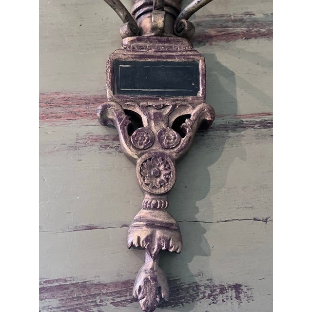 1960s Pair of Monumental 31” Italian Rococo Revival Carved Wood & Metal Wall Sconces For Sale - Image 12 of 12