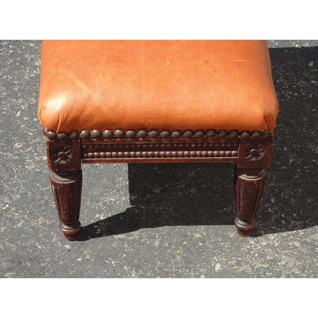 Vintage French Provincial Burnt Orange Leather Footstool For Sale - Image 11 of 12