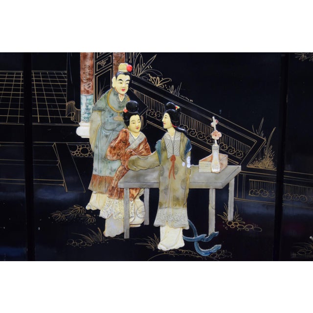 Chinese 4-Panel Stone Inlay Lacquered Scenic Wooden Folding Floor Screen Room Divider For Sale In West Palm - Image 6 of 13