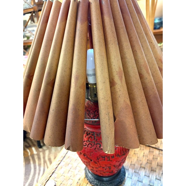 Antique Asian Red Cinnabar Lamp With Original Paper Pleated Shade For Sale - Image 9 of 12