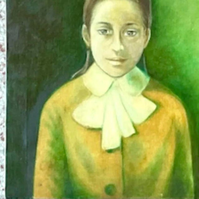 Vintage 1960s Italian Green-Toned Portrait Oil Painting For Sale - Image 10 of 14